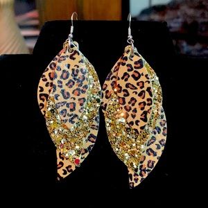 T&M Treasures Triple Layer Leopard PU Leather & Sparkle Earrings, NEW
